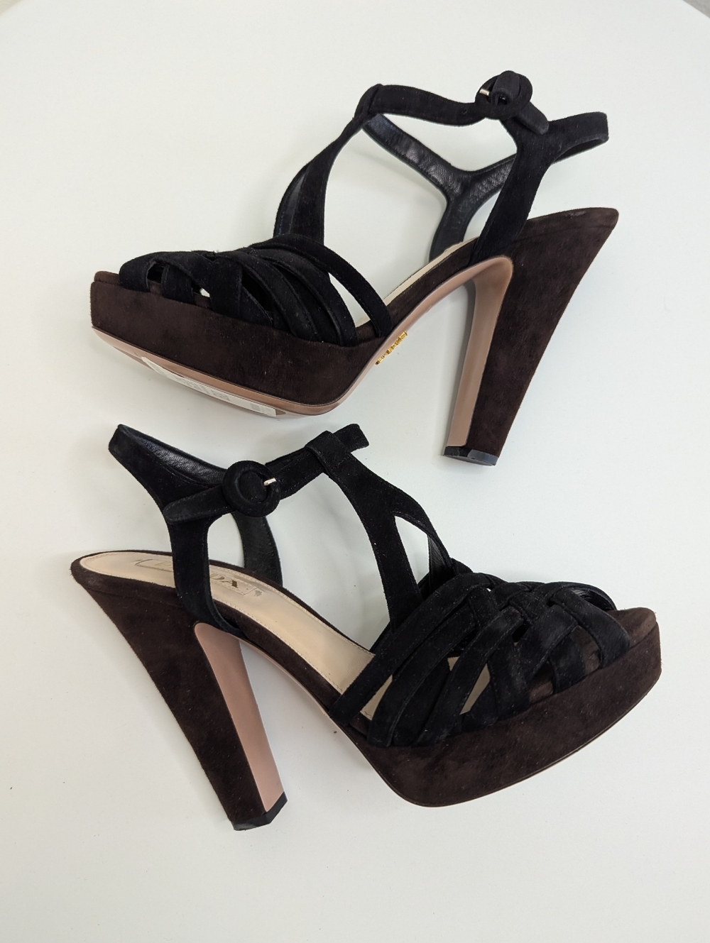 Prada Black Suede Woven Platform Sandals Sz 38.5 w/Tags